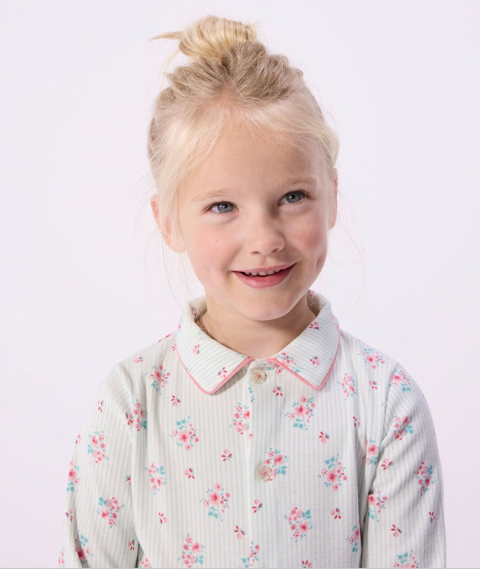 Petit Bateau – Pyjamas med striper og blomster – Grønn/hvit – Jente – 4-12 år