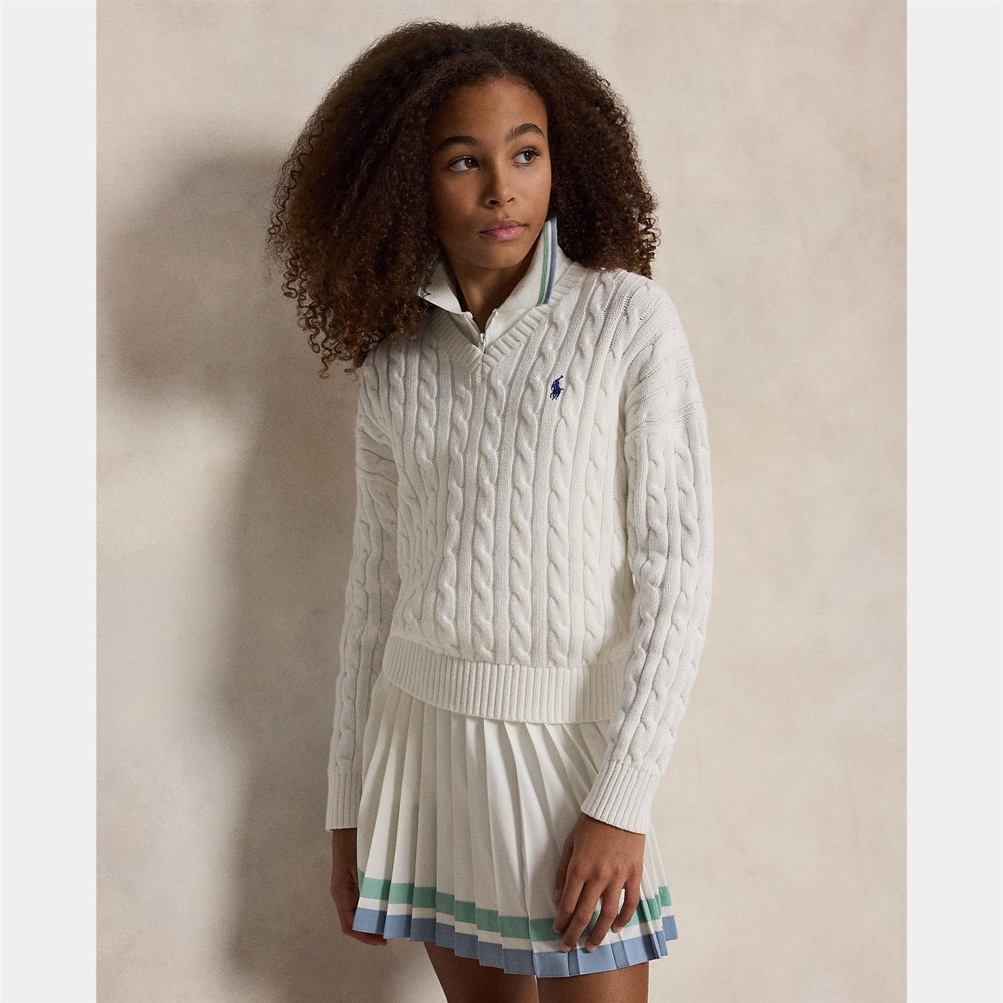 Polo Ralph Lauren – Flettegenser med V-hals – Offwhite – Jente – 12-16 år