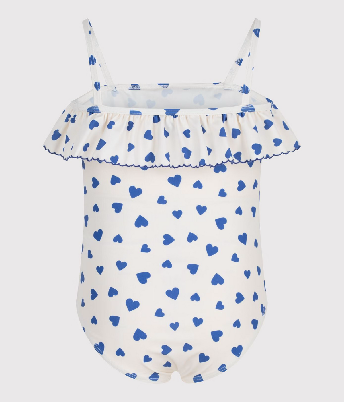 Petit Bateau – Badedrakt med hjertemønster og rysjekant – Hvit og blå – Jente – 4-10 år