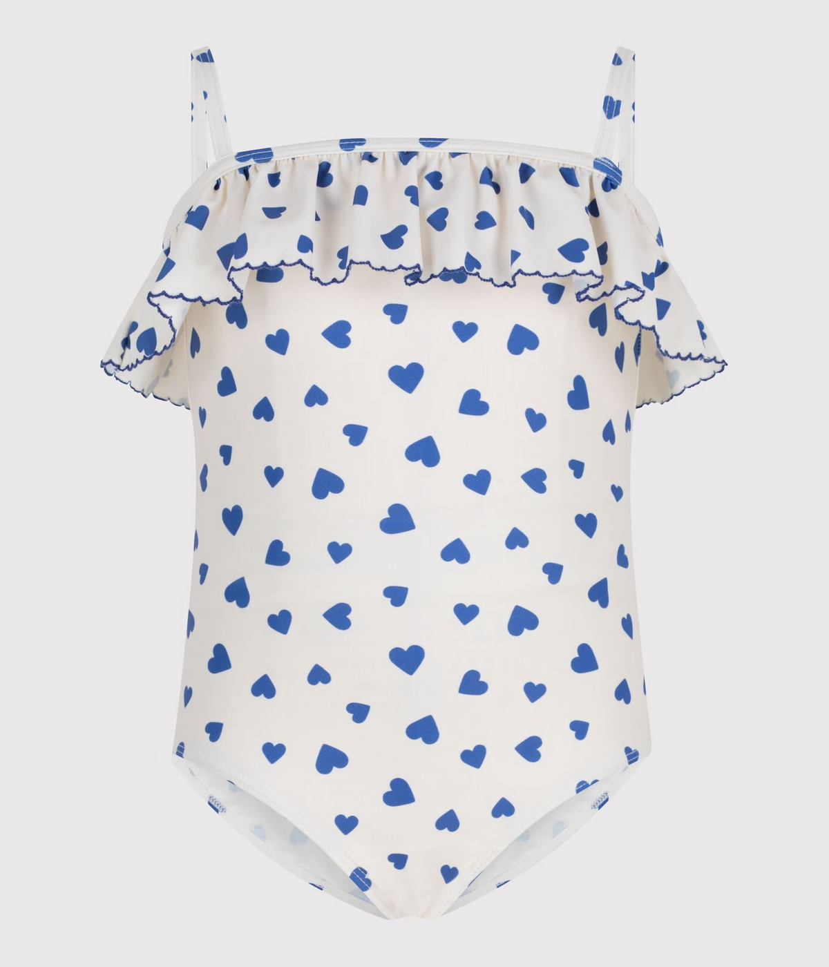 Petit Bateau – Badedrakt med hjertemønster og rysjekant – Hvit og blå – Jente – 4-10 år