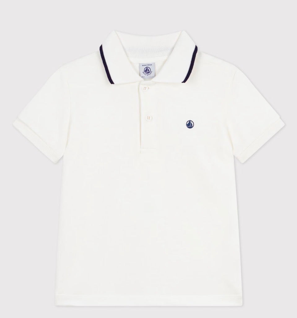 Petit Bateau – T-skjorte med blå kant på krage – Hvit – Gutt – 1-8 år