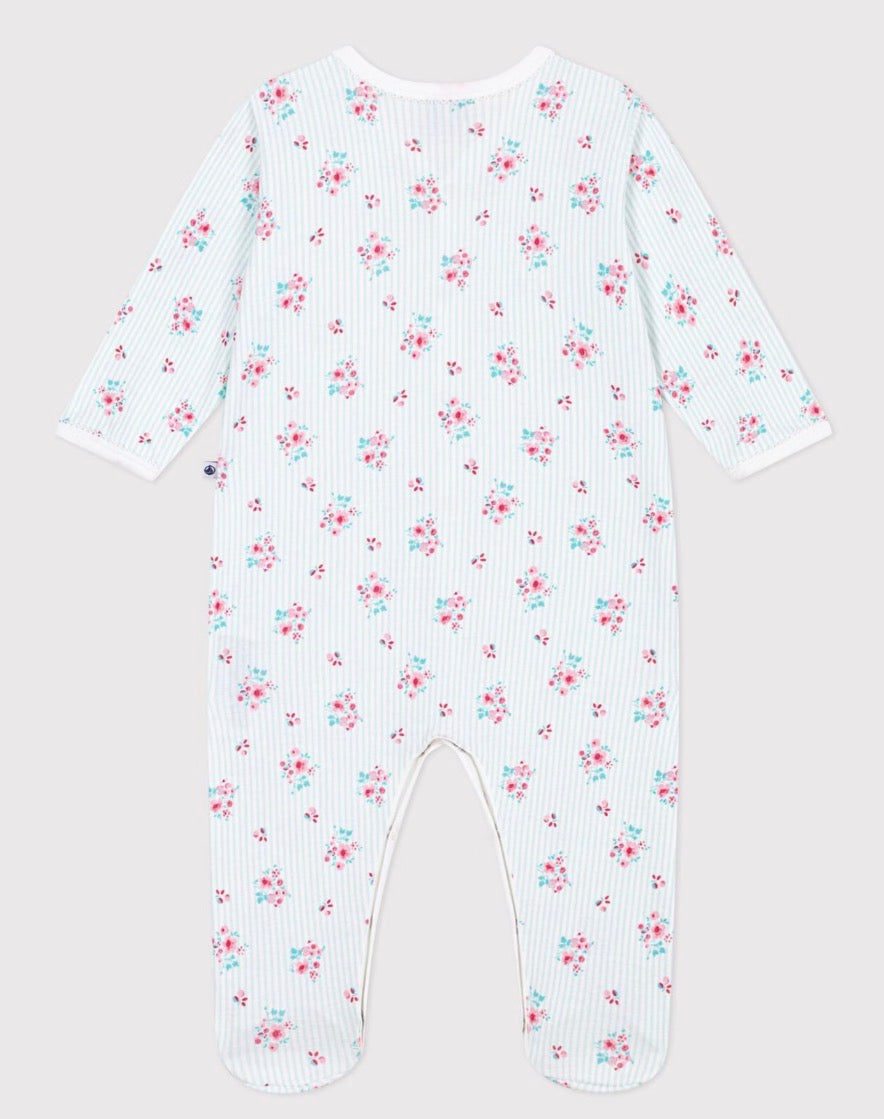 Petit Bateau – Pyjamas med striper og blomster – Lysegrønn/hvit – Jente – 0-2 år