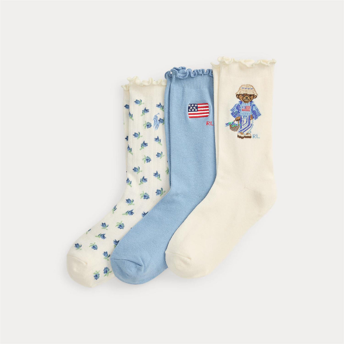Polo Ralph Lauren – 3-pakning bamsesokker med blomster – Lysblå/hvit – Jente – Str 28-39