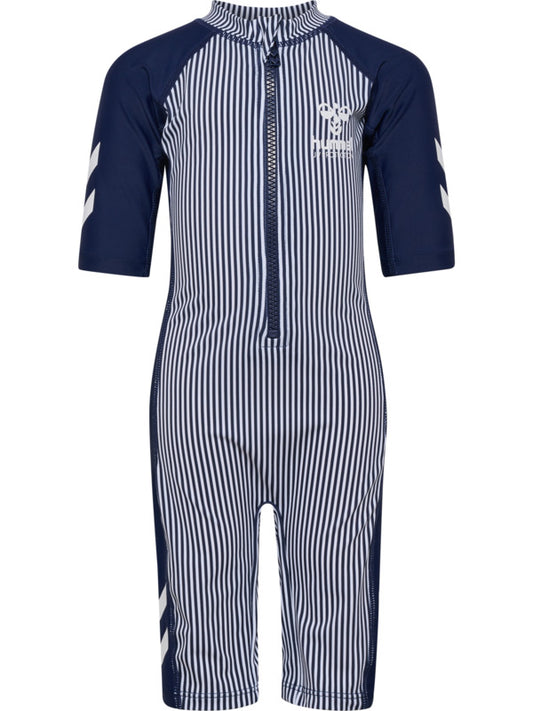 Hummel Morgat UV-drakt med blå-hvite striper – sett forfra og detalj.
