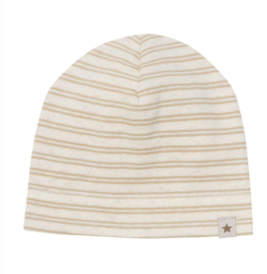 Huttelihut ribbestrikket lue i beige med striper for baby (unisex)