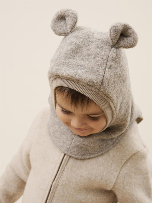 Camel Melange Huttelihut balaclava med bjørneører i ull unisex barn 0–6 år