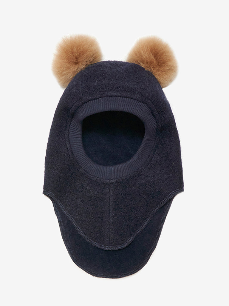 Mørkeblå Huttelihut balaclava med dusker i ull unisex 2–6 år