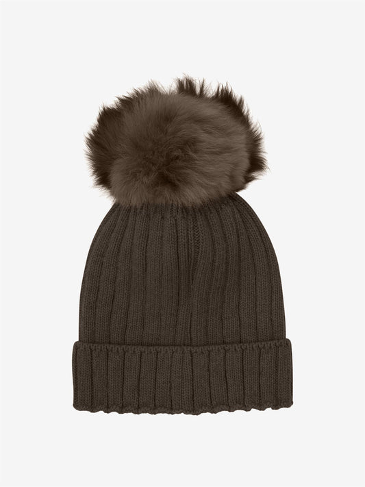 Mørk brun Huttelihut ull lue med dusk unisex 4–10 år