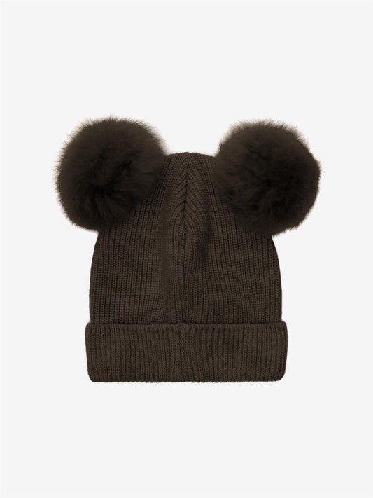 Mørk brun Huttelihut ull lue med to dusker unisex 1–6 år