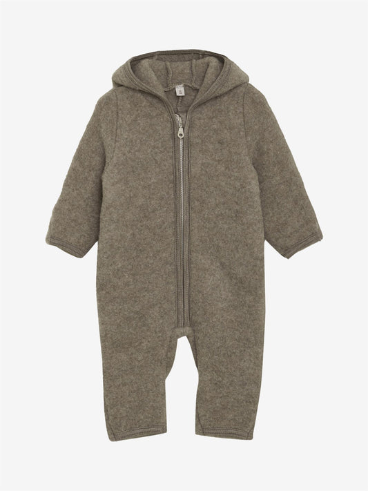 Mørk beige Huttelihut ullfleece kjeldress med ører unisex barn 1–18 mnd