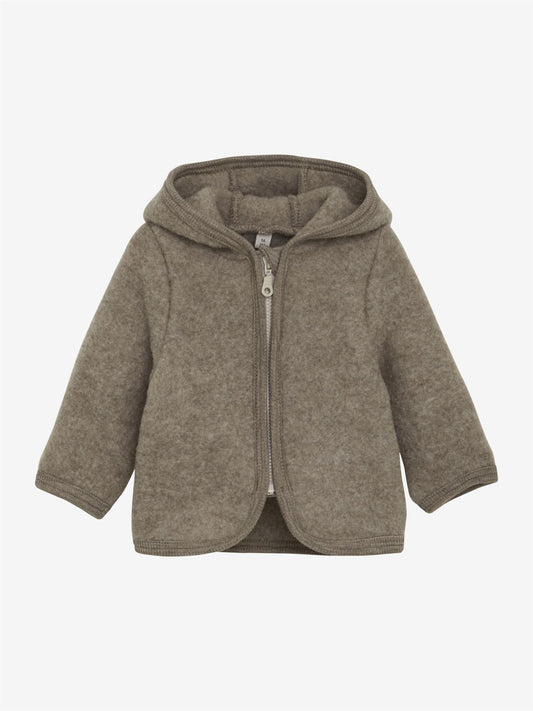 Beige Huttelihut ullfleecejakke med hette og ører unisex barn 3–18 mnd