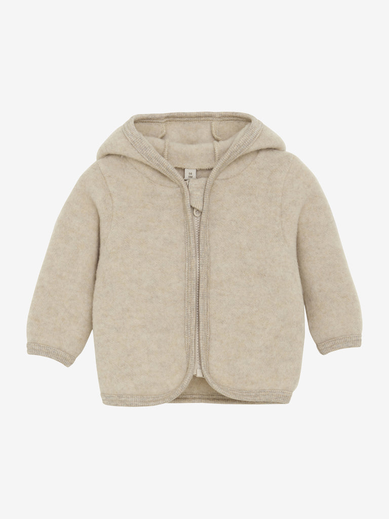 Lys beige Huttelihut ullfleecejakke med hette og ører unisex 12–18 mnd