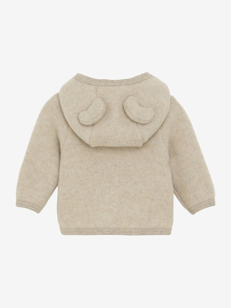 Lys beige Huttelihut ullfleecejakke med hette og ører unisex 12–18 mnd