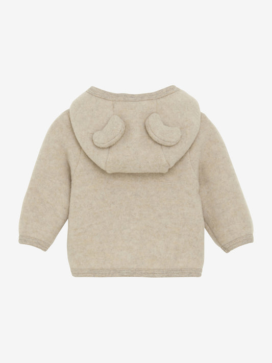 Lys beige Huttelihut ullfleecejakke med hette og ører unisex 12–18 mnd