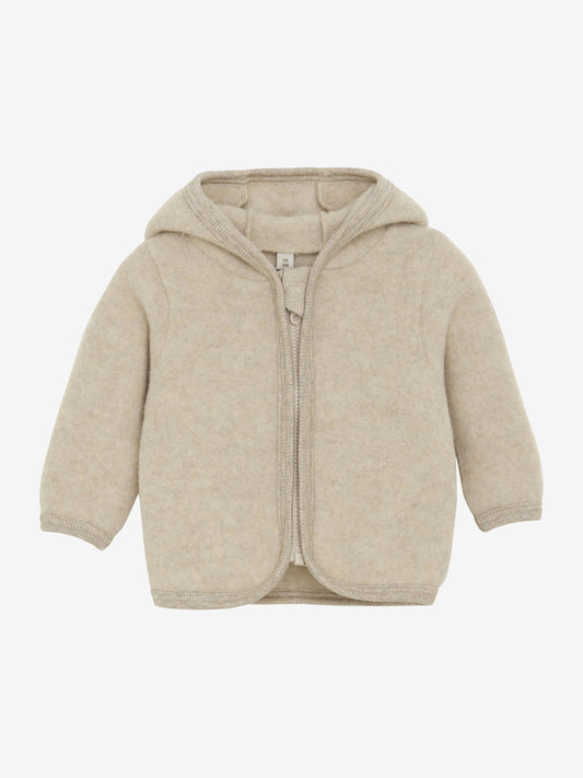 Lys beige Huttelihut ullfleecejakke med hette og ører unisex barn 3–9 mnd