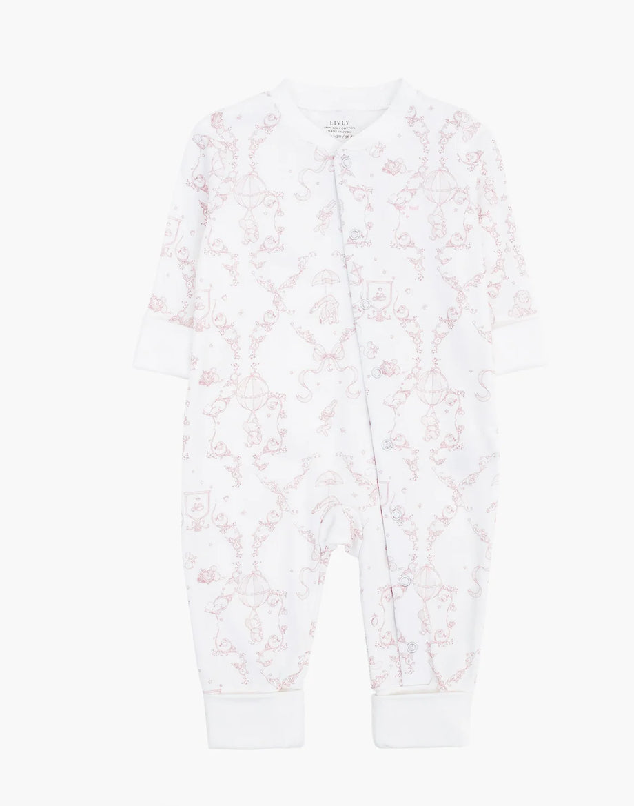 Heldrakt fra Livly i hvit med rosa Wonderland-print og glidelås, jente 0–12 mnd