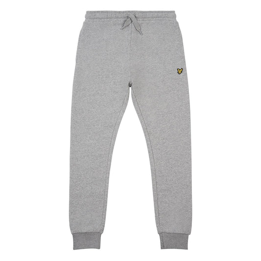Lyle & Scott grå joggebukse med lommer og gul logo – sett forfra og fra siden.