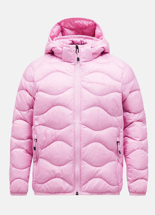 Lys rosa Helium dunjakke fra Peak Performance med hette og gåsedun.