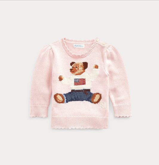 Rosa strikkegenser fra Ralph Lauren med bamsemotiv – jente