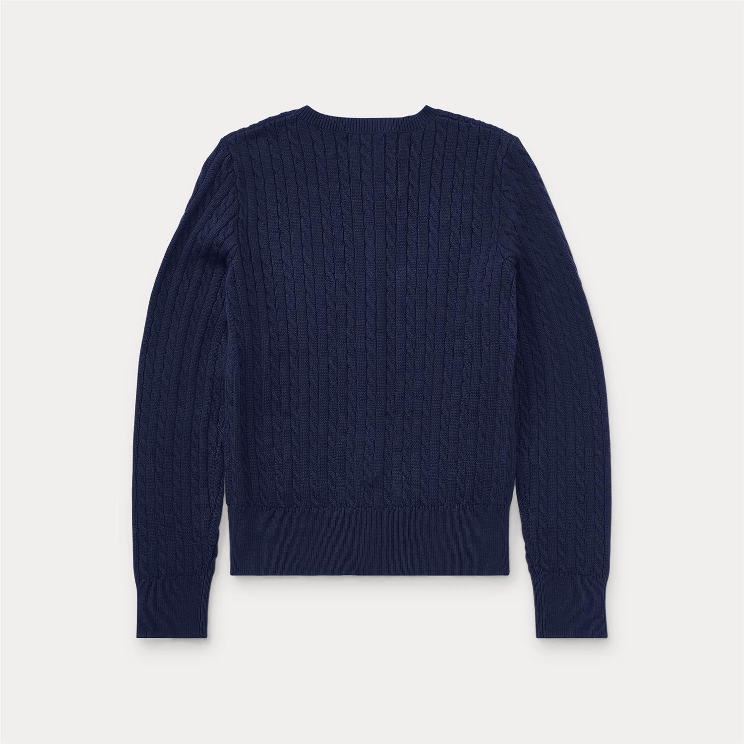 olo Ralph Lauren cardigan i blå farge med brodert logo på brystet, tilgjengelig i størrelsene 7 år, 8-10 år, 12-14 år og 16 år.