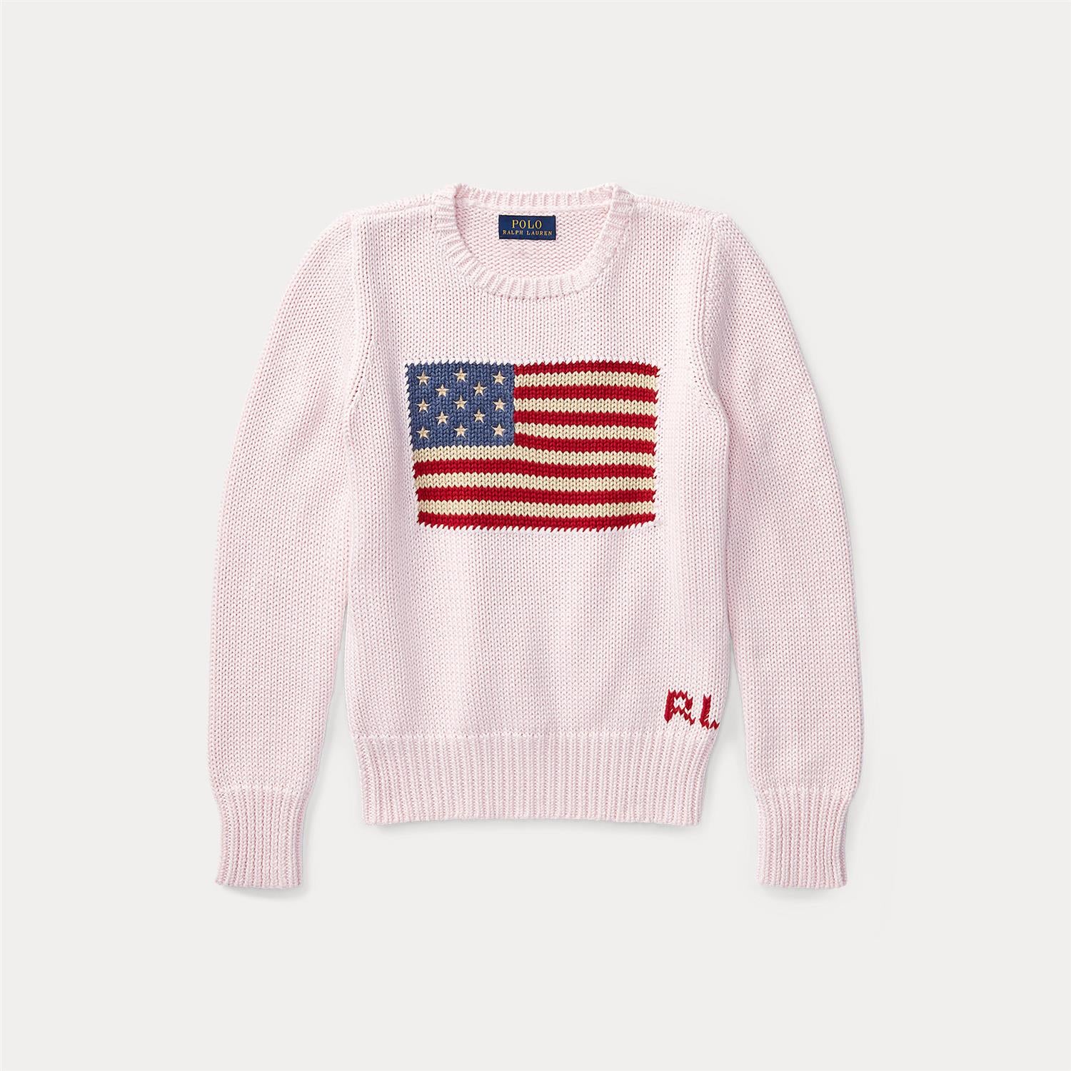 Rosa strikket genser fra Polo Ralph Lauren med amerikansk flagg på brystet. Myk og behagelig i 100% bomull.