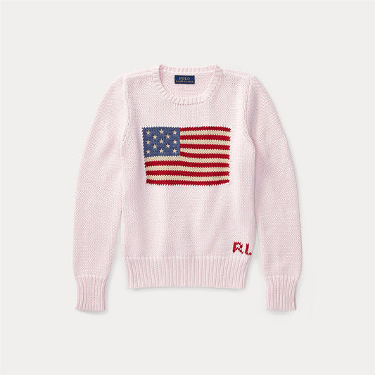 Rosa strikket genser fra Polo Ralph Lauren med amerikansk flagg på brystet. Myk og behagelig i 100% bomull.