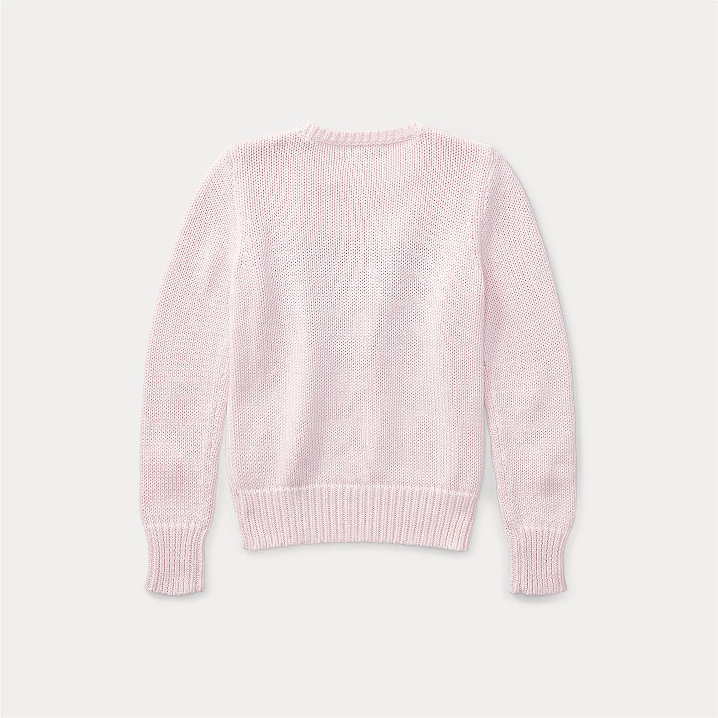 Rosa strikket genser fra Polo Ralph Lauren med amerikansk flagg på brystet. Myk og behagelig i 100% bomull.