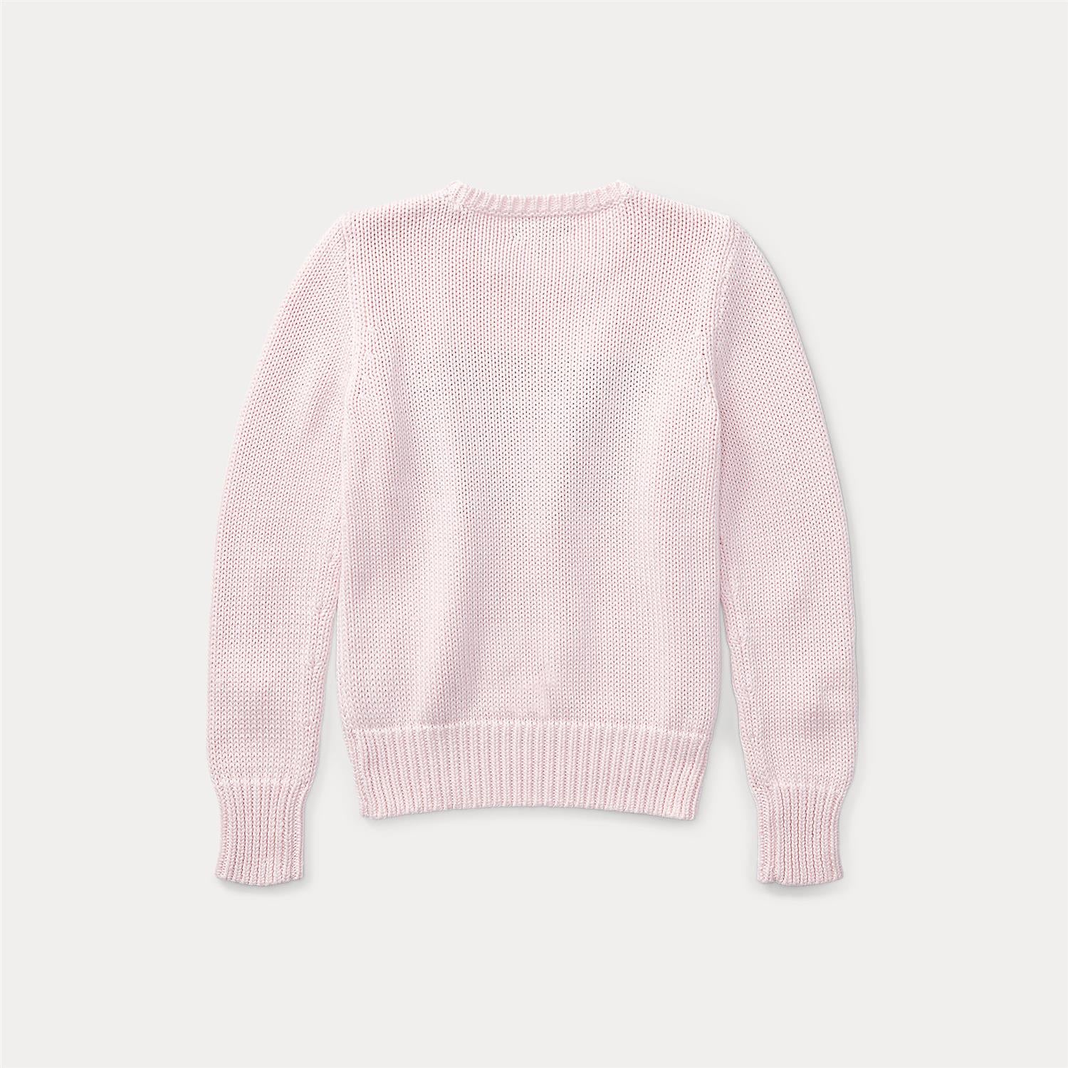 Rosa strikket genser fra Polo Ralph Lauren med amerikansk flagg på brystet. Myk og behagelig i 100% bomull.