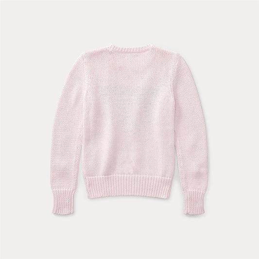 Rosa strikket genser fra Polo Ralph Lauren med amerikansk flagg på brystet. Myk og behagelig i 100% bomull.