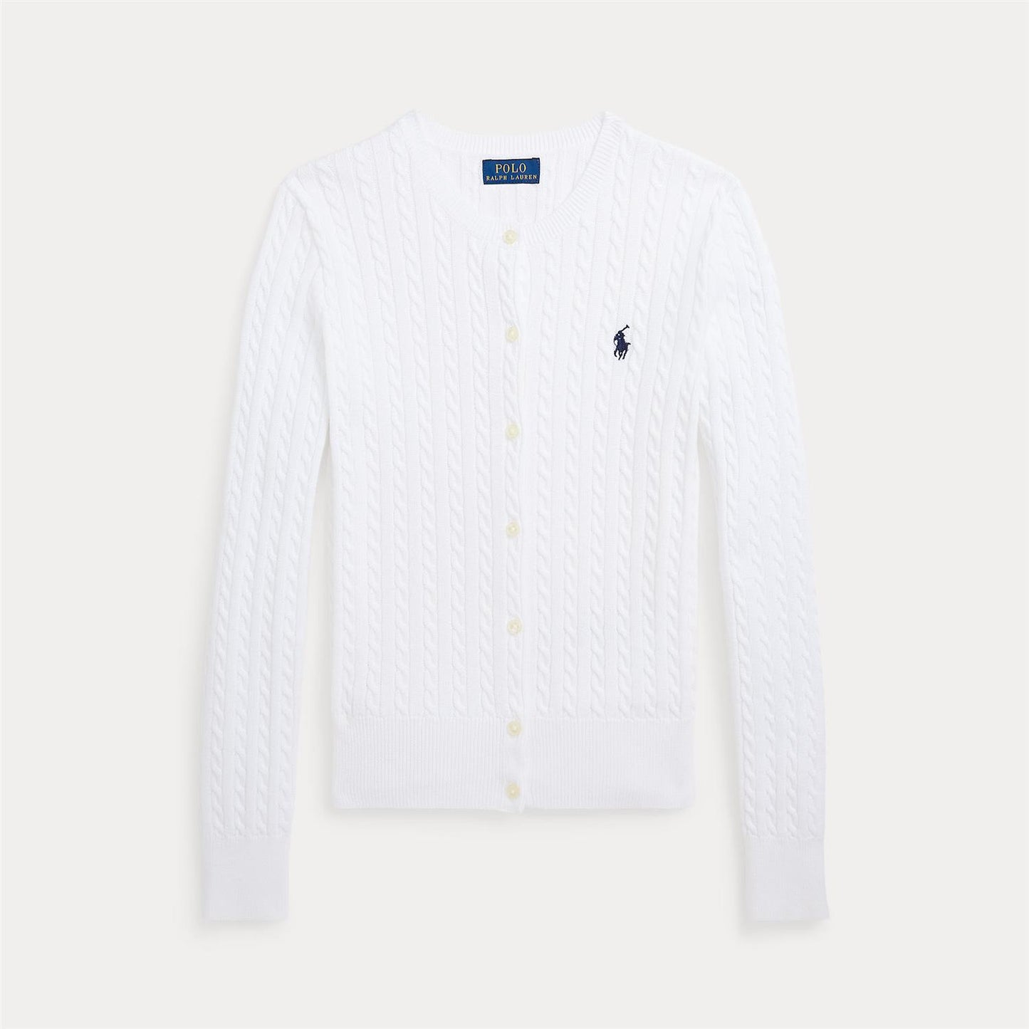 Polo Ralph Lauren hvit flettet cardigan med brodert blå hest på brystet