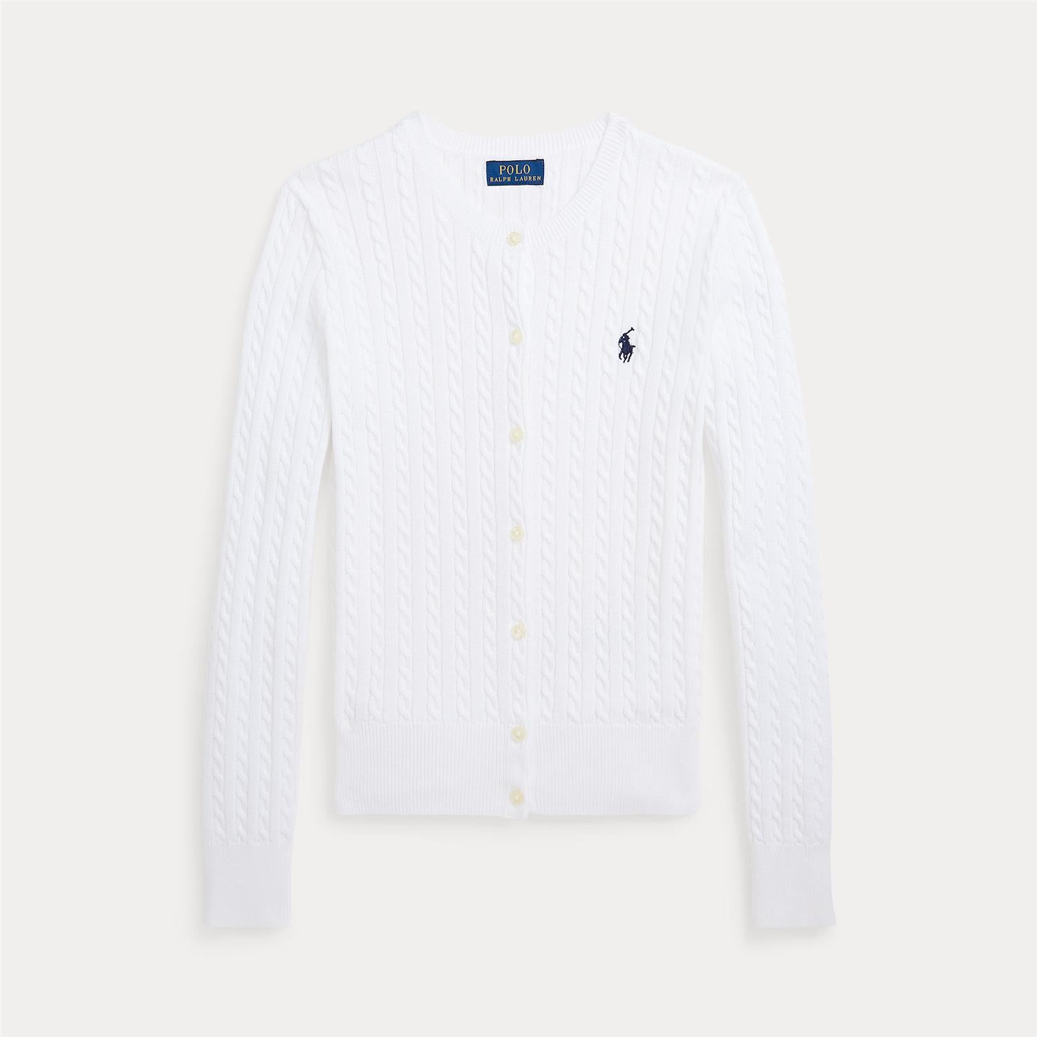 Polo Ralph Lauren hvit flettet cardigan med brodert blå hest på brystet