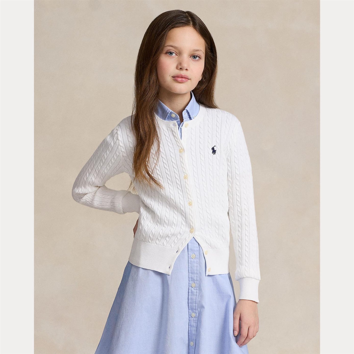 Polo Ralph Lauren hvit flettet cardigan med brodert blå hest på brystet