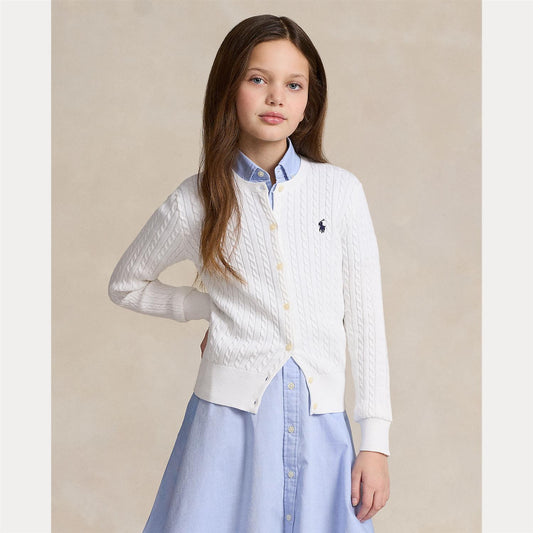 Polo Ralph Lauren hvit flettet cardigan med brodert blå hest på brystet