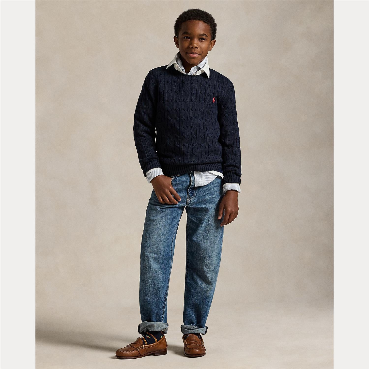 Polo Ralph Lauren mørkeblå flettet genser med logo til gutt 8–20 år