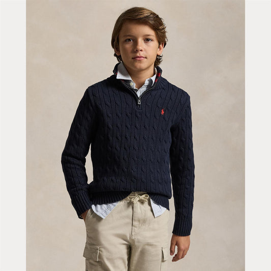 Mørkeblå half zip-genser i 100% bomull med flettemønster fra Polo Ralph Lauren.