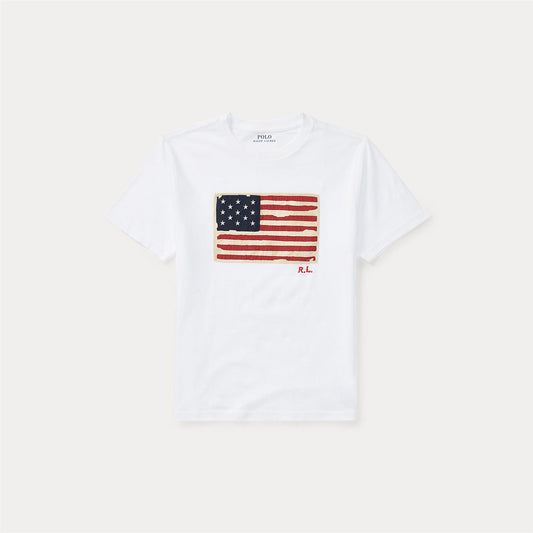 Hvit t-skjorte med påsydd amerikansk flagg fra Polo Ralph Lauren
