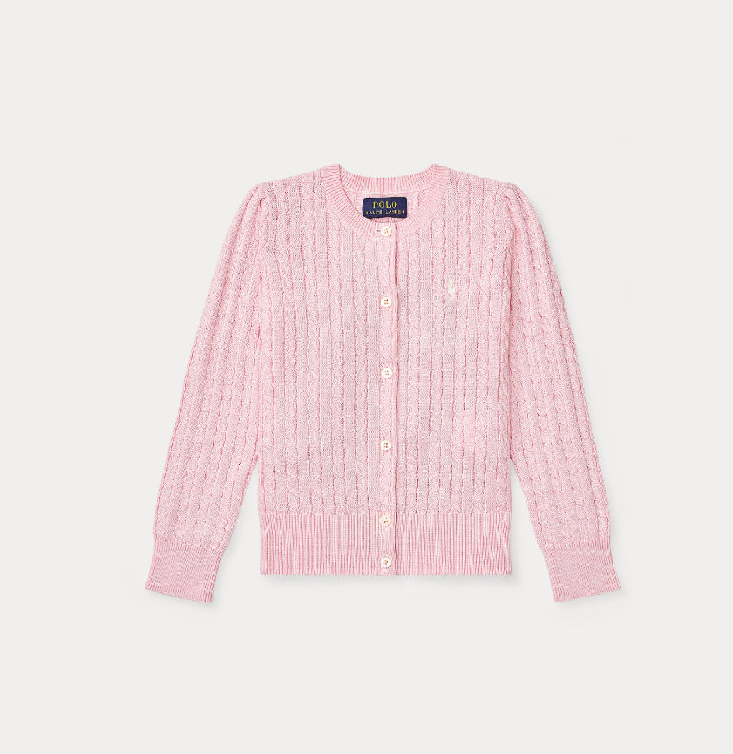 Ralph Lauren rosa cardigan med flettestrikk og brodert logo – Jente