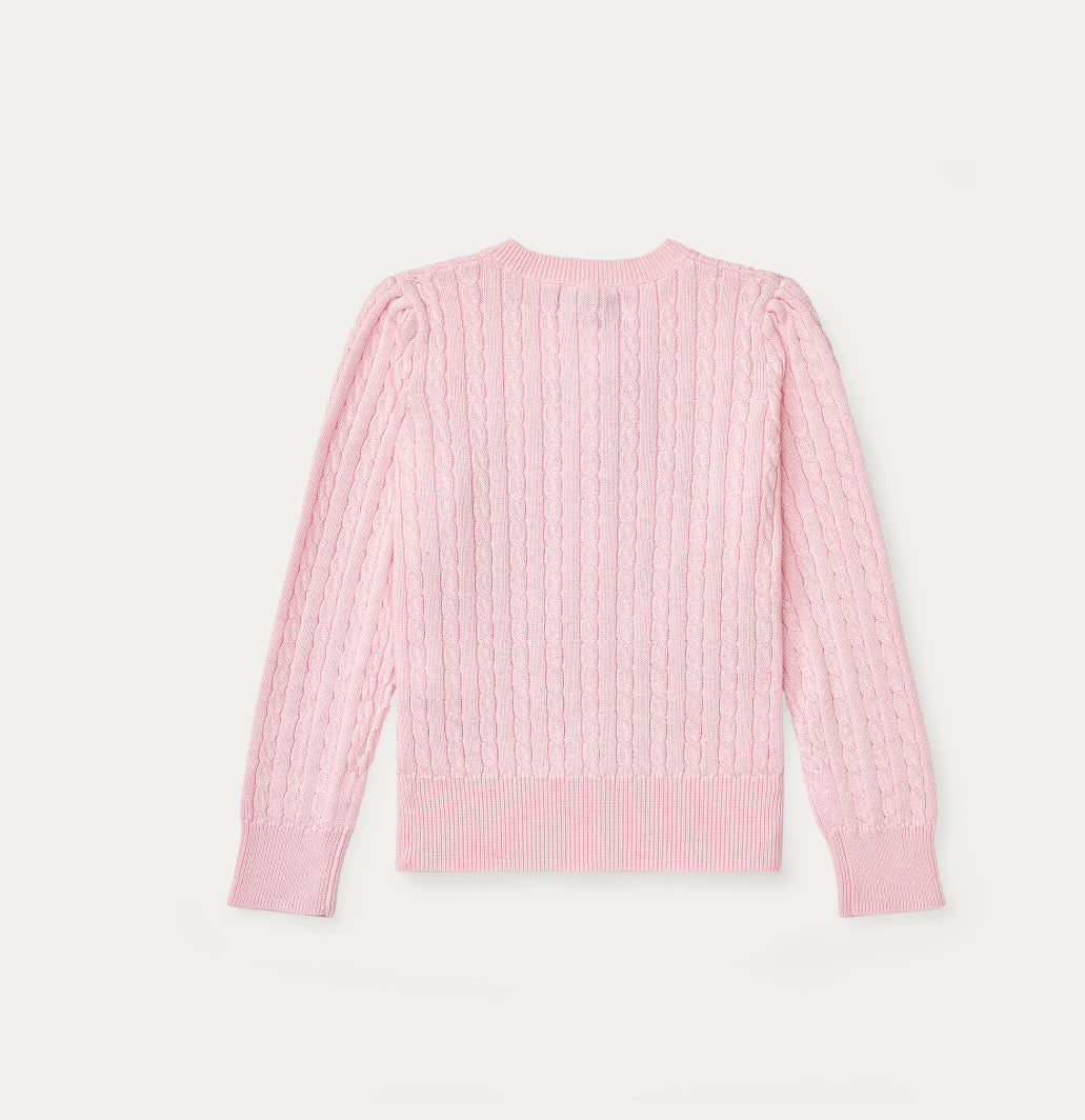 Ralph Lauren rosa cardigan med flettestrikk og brodert logo – Jente