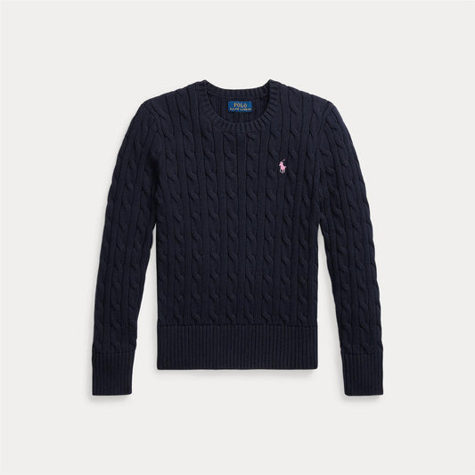 Marineblå flettegenser fra Ralph Lauren med hvit logo – til jente