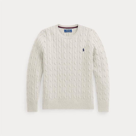 Hvit flettestrikket genser fra Ralph Lauren med mørkeblå hestelogo