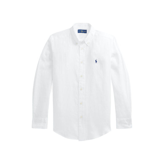 Hvit linskjorte fra Ralph Lauren med blå brodert logo på brystet – Gutt
