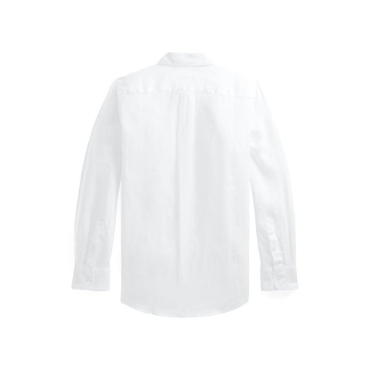 Hvit linskjorte fra Ralph Lauren med blå brodert logo på brystet – Gutt