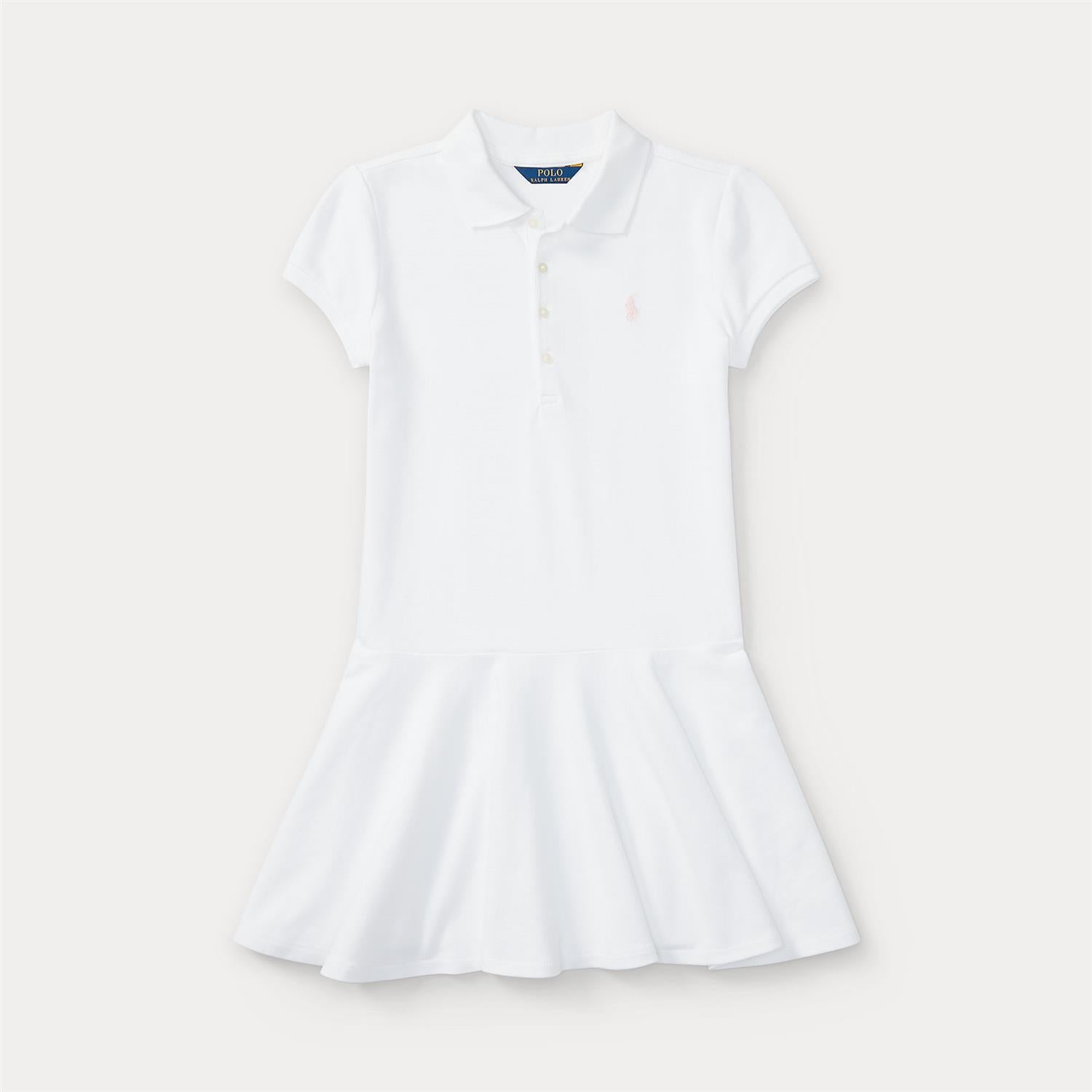 Hvit piquekjole fra Ralph Lauren med rosa brodert hest – til jente