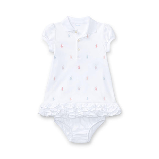 Ralph Lauren hvit polo-kjole med fargerike hester og truse – jente 9–24 mnd