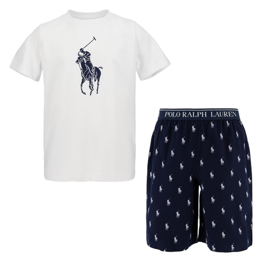 Ralph Lauren pysjsett med logo, hvit t-skjorte og blå shorts, gutt 8–16 år