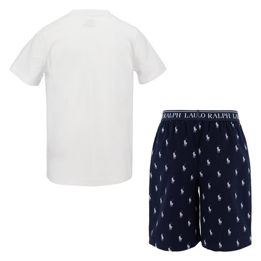 Ralph Lauren pysjsett med logo, hvit t-skjorte og blå shorts, gutt 8–16 år