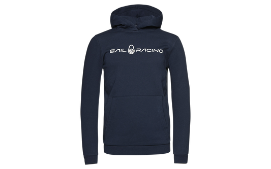 Mørkeblå JR Bowman hettegenser fra Sail Racing med logo, midjelomme og ribbestrikk – Gutt