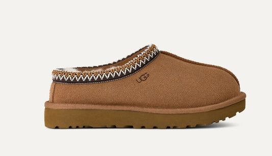 Brune Ugg Tasman tøfler i semsket skinn med brodert kant og ullfôr