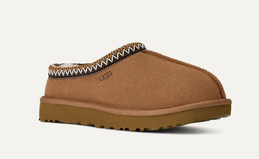 Brune Ugg Tasman tøfler i semsket skinn med brodert kant og ullfôr