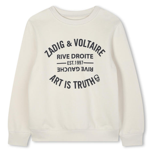 Zadig & Voltaire collegegenser i hvit med trykk på brystet